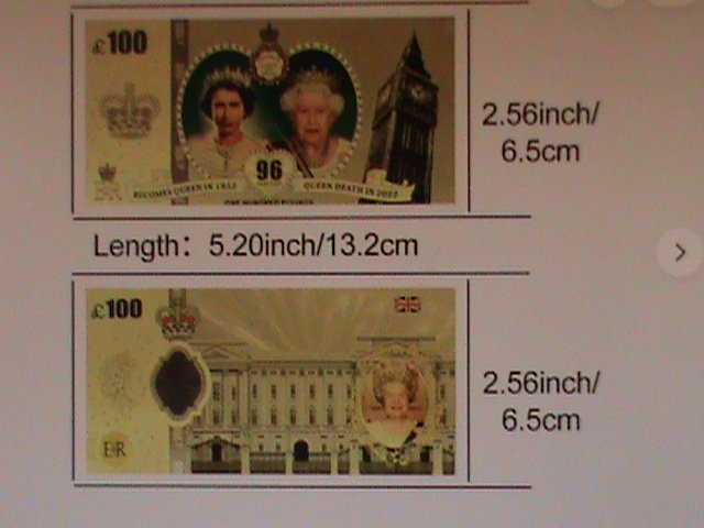 ​UNITED KINDOM-QUEEN ELIZABTH II 24 KARAT GOLD REPLICA $100 -VF WITH CERTIFICATE