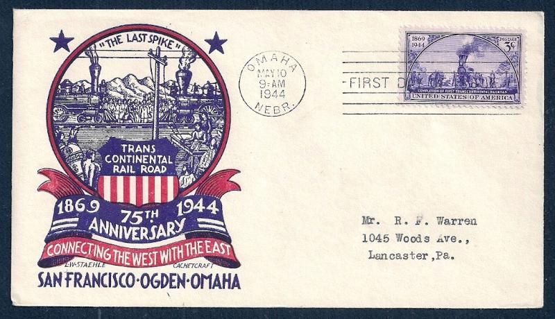 UNITED STATES FDC 3¢ Transcontinental Rail Road 1944 Staehle