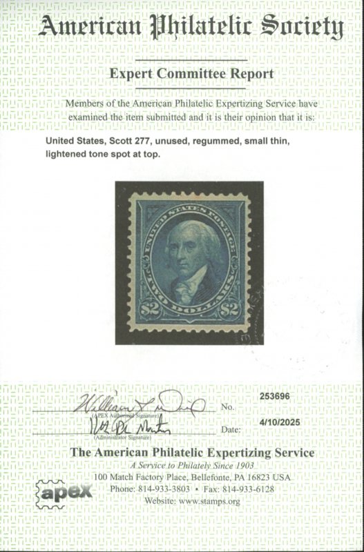 U.S. #277 MINT WITH APS CERT NG