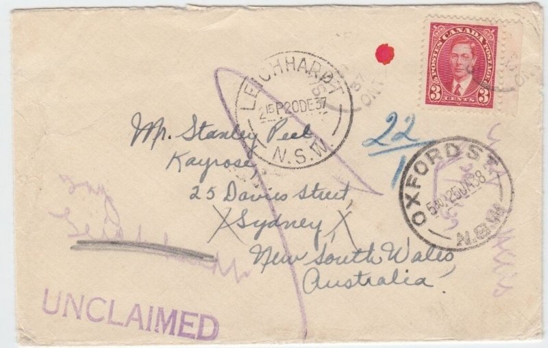 3 cent Empire rate to **AUSTRALIA** DEAD LETTER DLO UNCLAIMED 1938 CANADA cover