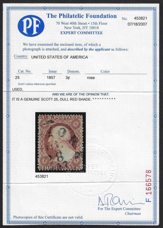 U.S. #25 Used LH; 3c Washington (1857) - PF Certificate