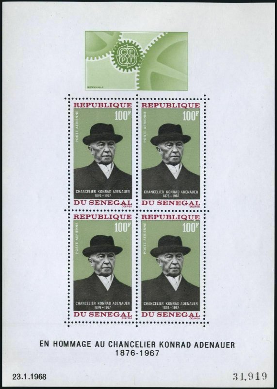 Senegal C61a sheet,hinged.Mi Bl.4. Konrad Adenauer,chancellor of Germany,1968.