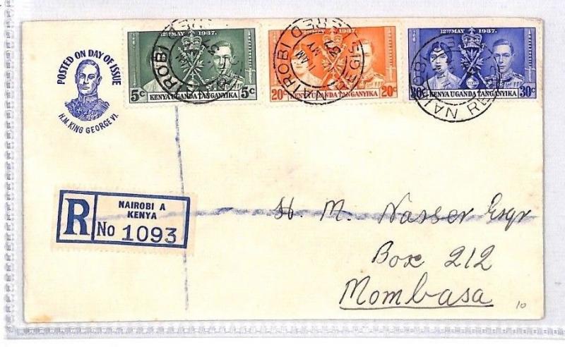 KENYA FDC First Day Cover Nairobi Registered Mombasa 1937 {samwells-covers}BN316