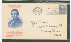 US 816 1938 11c James Polk (part of the presidential/prexy definitive series) single on an addressed first day cover with an Esp