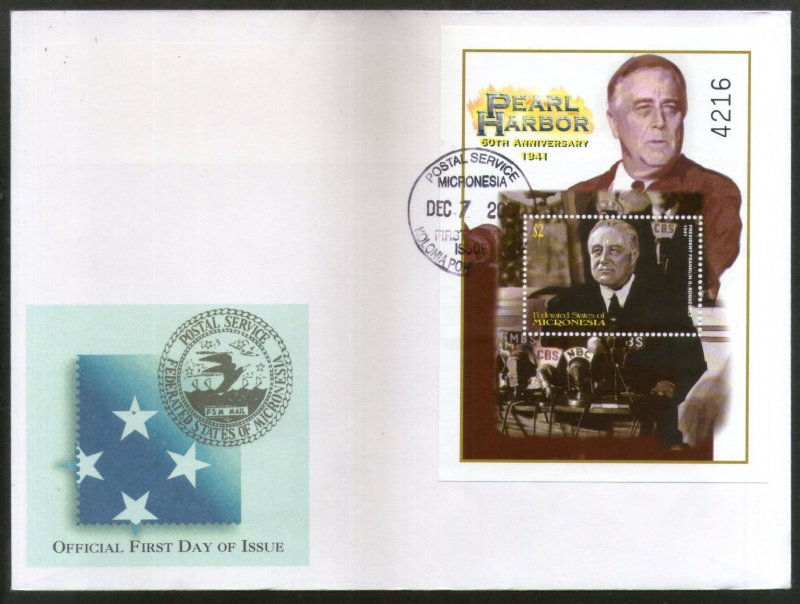 Micronesia 2001 Pearl Harbor US President Franklin Roosevelt Sc 481 M/s FDC # 93