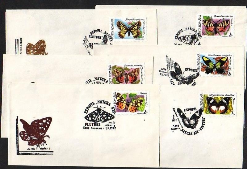 Romania, OCT/92. Butterfly Cancels on 6 Cachet Envelopes.