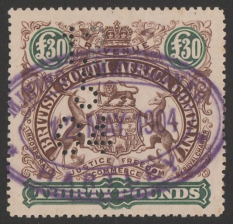 RHODESIA 1897 Arms Revenue £30 brown & green, perf 15.