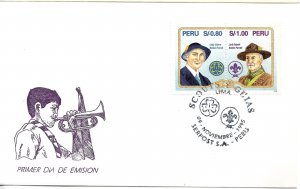 PERU 1995 BADEN POWELL BOY SCOUTS SCOUTING PAIR ON FIRST DAY COVER FDC