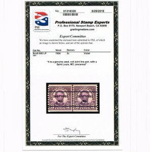 EXCELLENT GENUINE SCOTT #600 F-VF USED 1924 COIL LINE PAIR PSE CERT ST. LOUIS