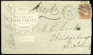 1870c NY, F G SMITH / BRADBURY PIANO FORTES, Due 3, Allover Advert Cover! SC #88