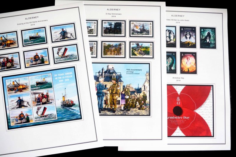 COLOR PRINTED GB ALDERNEY 1983-2020 STAMP ALBUM PAGES (89 illustrated pages)