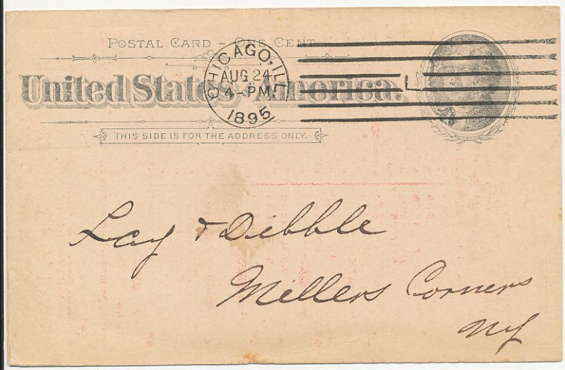 1895 Chicago Illinois Machine Cancel on UX12 Postal Card