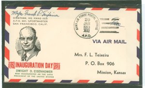 US  1953 Dwight D. Eisenhower First Inauguration cover with a printed addressed free-franked envelope with an Army Post Office h