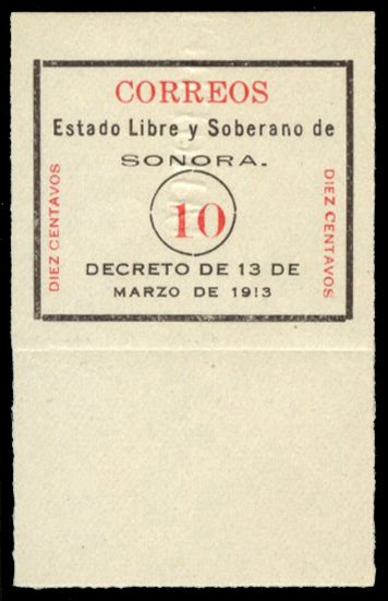 Mexico #328 Cat$35, 1913 10c black and red, pos. D, bottom margin single, w...