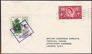 GB 1953 BEA 6d plus 1d airmail stamp on flown cover Guernsey to London......8994