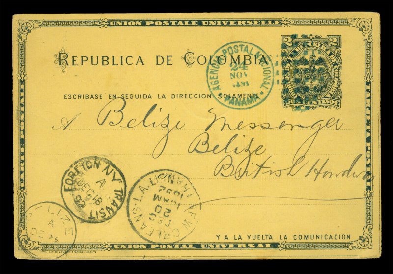 COLOMBIA 1892 2c stationery f/Venezuela to Brit.Honduras, PANAMA, BELIZE(25 Dec)