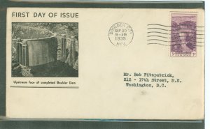 US 774 1936 3c Boulder Dam on an addressed first day cover with a Fawcett cachet.