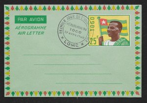 TOGO Aerogramme 25F Man & Flag 1960 Lome Independence Day cancel!
