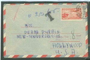 Yugoslavia  Airmail postal cover (stationery) to Hollywood star Deana Durbin.  Postage due T and 2 liner w/8c in pencil.