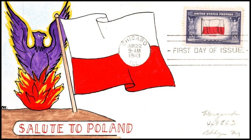 Scott 909 - 5 Cents Poland Mae Weigand Hand Painted FDC Planty - 909-70F