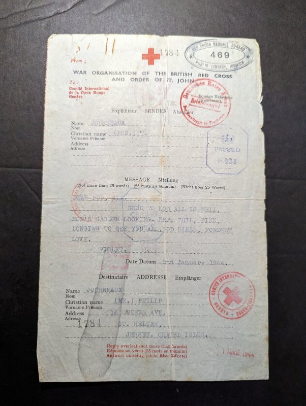 1944 England Red Cross Cover Ipswich to St Helier Jersey Channel Islands