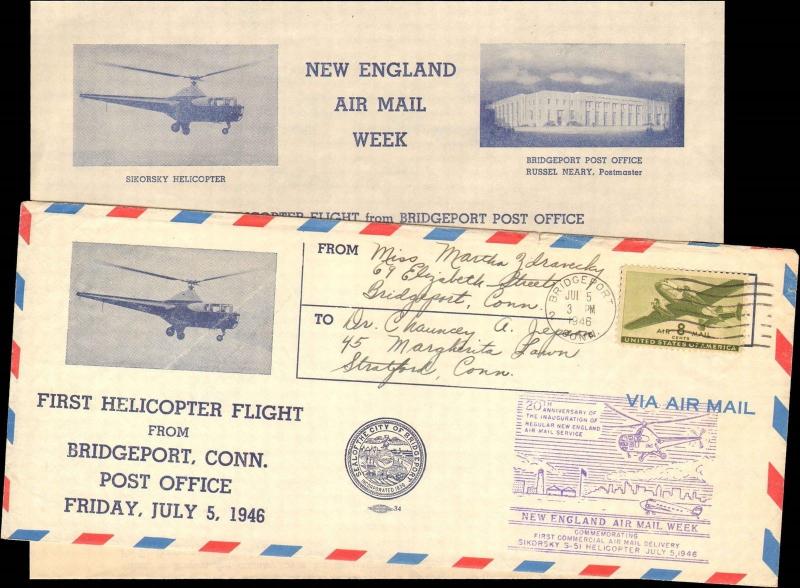 1946 BRIDGEPORT CONNECTICUT CACHET FIRST HELICOPTER FLIGHT WITH INSERT + AIR WEE