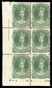 Nova Scotia #11 Cat$160+, 1860 8 1/2c green, imprint block of six, never hing...