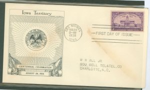 US 838 1938 3c Iowa Territory Centennial (single) on an addressed (typed) FDC with an Historic /Arts/Gilbert cachet
