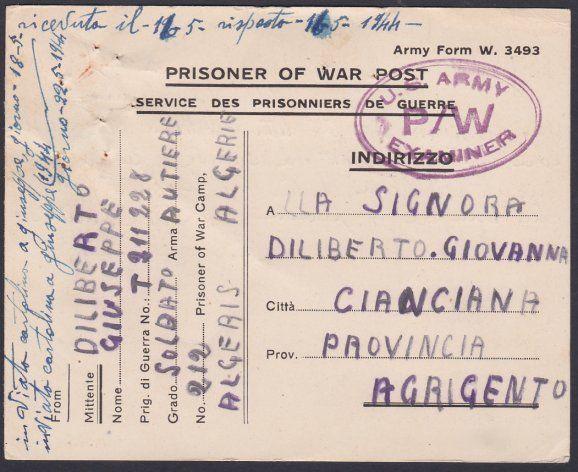 ALGERIA 1944  POW card from Italian Prisoner to Italy. US Army censor......53670