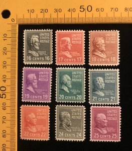 821 to 829 US MNH set of 9 Prexy's, 16 cent to 25 cent varieties