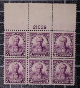 Scott 725 3 Cents Webster Plate Block Of 6 MNH Top 21039 SCV $20.00