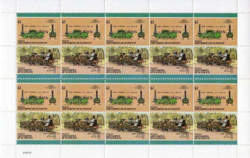 Bequia 1987 Locomotives #5 (8 Pairs) 8 Mini-Sheetlets SPECIMEN UNFOLDED MNH