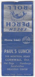 Canada Revenue 1/5¢ Excise Tax Matchbook PAUL'S LUNCH Cornwall