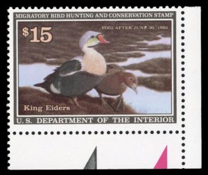 United States, Duck Hunting #RW58 Cat$30, 1991 $15 King Eiders, corner margin...