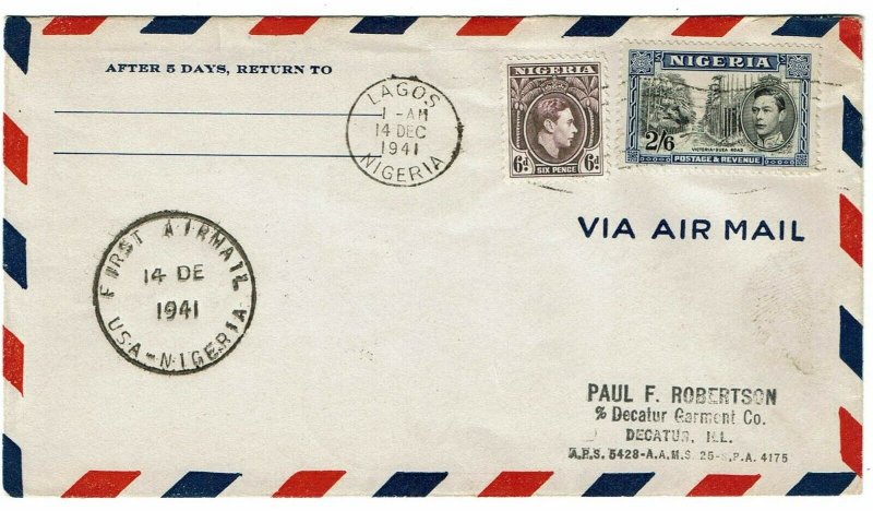 Nigeria 1941 Lagos cancel on first flight cover to the U.S., SG 58