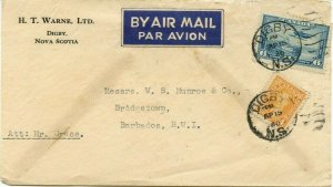 10c Airmail per 1/4oz w/4c mufti + 6c 1940 BARBADOS BWI w/receiver Canada cover