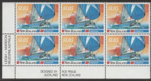 New Zealand 1987 $1.05 Blue Water Classics Plate Block UHM