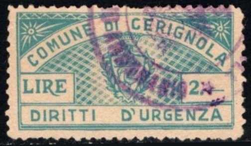 Vintage Italy Local Revenue Municipality Of Cerignola 2 Lire Emergency Rights