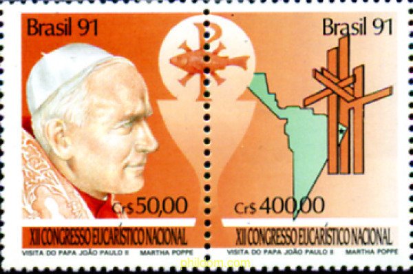 247340 MNH BRASIL 1991 12 CONGRESO EUCARISTICO NACIONAL Y VISITA DEL PAPA JUA...