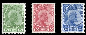 Liechtenstein #1-3 Cat$212.50, 1912 5h-25h, set of three, lightly hinged