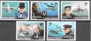 Maldives 1974 Set of 5 MNH  # 524 - 528  Wartime - Churchill.  Ships, Planes