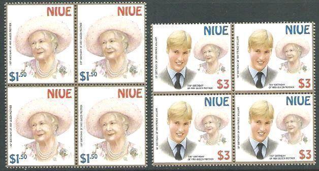 NIUE 2000 Queen Mother & Prince William set blocks of 4 MNH................62418