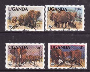 Uganda-Sc#371-4- id5-used WWF set-Elephants-Animals-1983-
