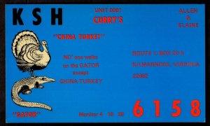 QSL RADIO CARD Allen/Elaine Curry,China Turkey,Gator,No One Walks...., (Q3921)