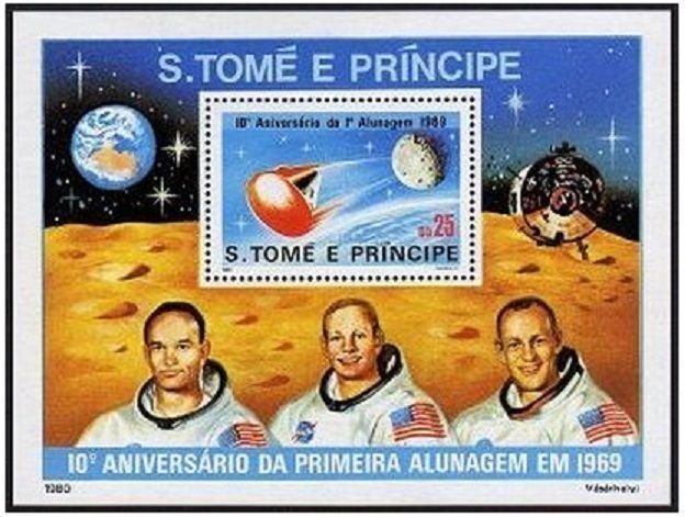 St Thomas 582, MNH. Michel 650 Bl.45. Moon landing, 10th Ann. 1979. Astronauts.