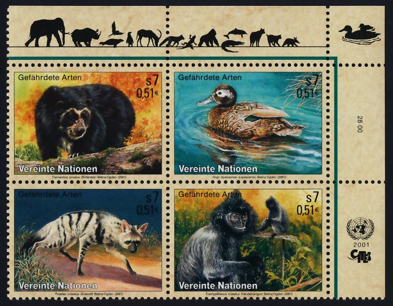 United Nations - Vienna 287a TR Block MNH Bear, Duck, Aardwolf, Monkey