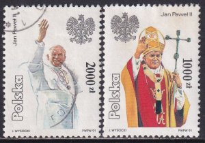 Poland 1991 Sc 3041-2 Pope John Paul II Wearing White Stamp Used