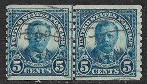 USA 1924 5c Theodore Roosevelt Coil Line Pair Sc 602 USED