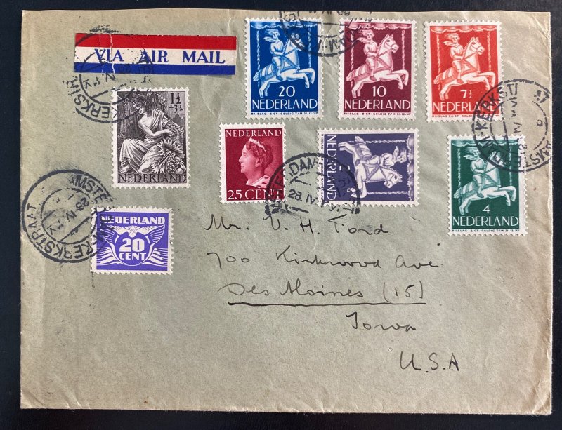 1947 Amsterdam Netherlands Airmail First day Cover To Des Moines IA Usa #B170-4