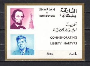 Sharjah, Mi cat. 466 + 468, BL38 I. Pres. Lincoln & Kennedy, GOLD Border. ^